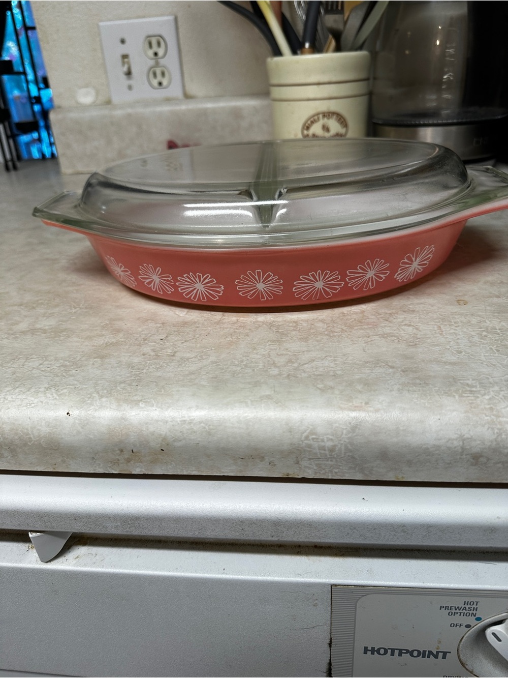 Vintage Pyrex pink daisy divided casserole dish